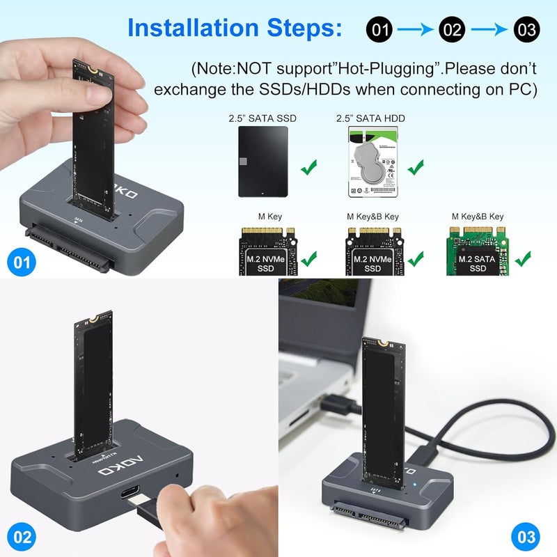 AOKO محطة قراءة SSD NVMe إلى USB 3.2 (10Gbps) - محول USB محمول لـ M.2 SSD حاوية خارجية لـ NVMe SSD و M.2 PCIe NVMe و M.2 SATA SSD، متوافق مع محرك SATA 2.5'' - Image 3